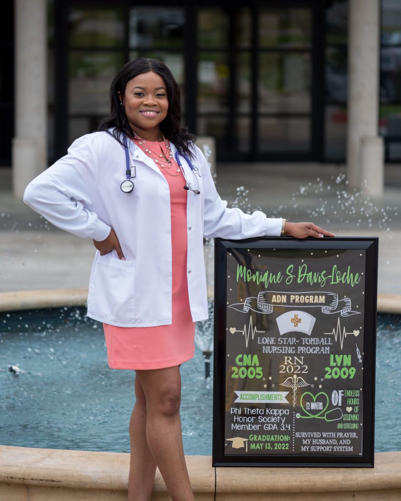 Black nursing school student at lone star college tomball college graduation picture